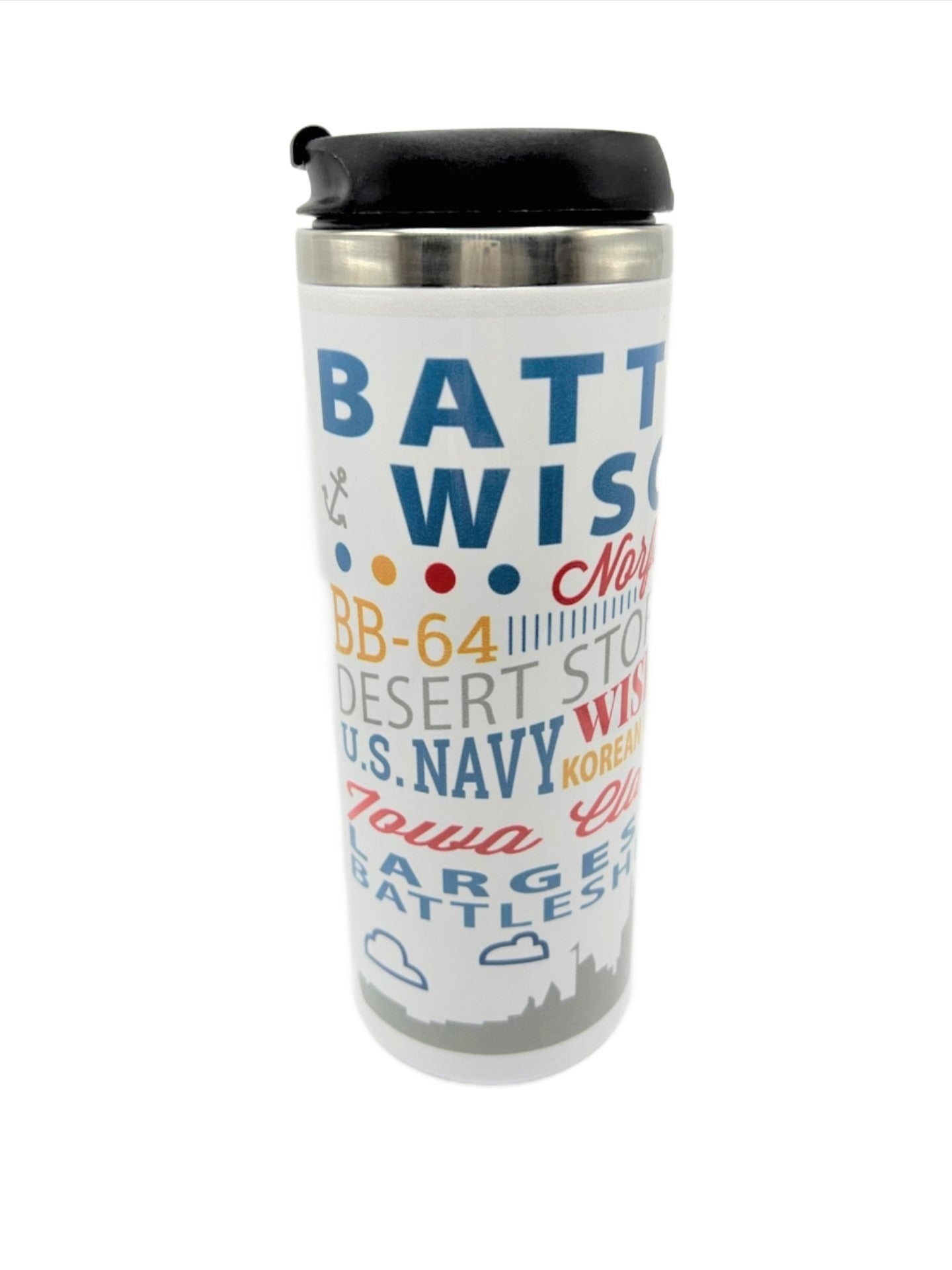 Battleship Wisconsin Typography Travel Mug